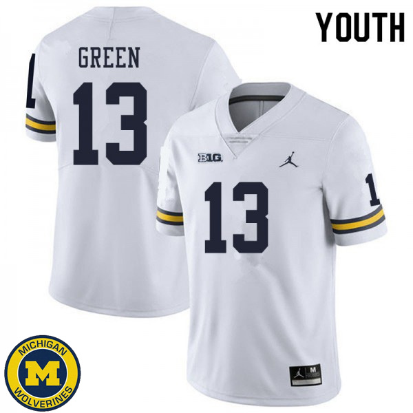 Youth Michigan Wolverines #13 German Green White Embroidery Jersey